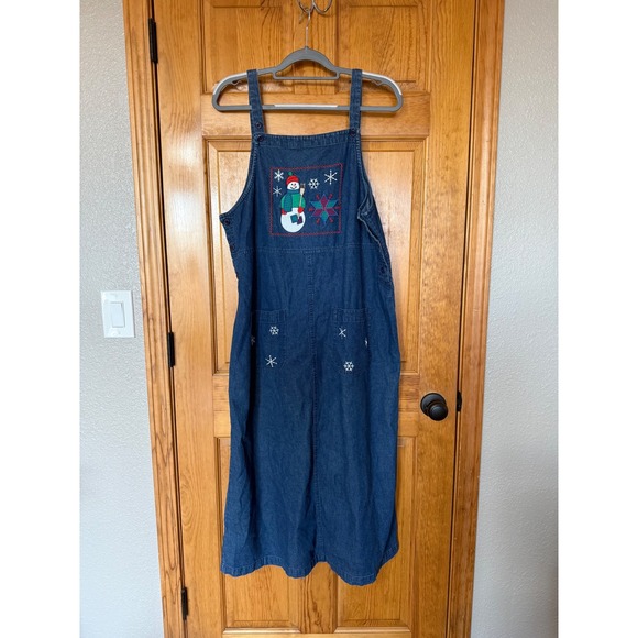 Westbound Dresses & Skirts - Westbound Petites Denim Snowman Jumper Dress Blue Cotton Embroidered PL Vintage